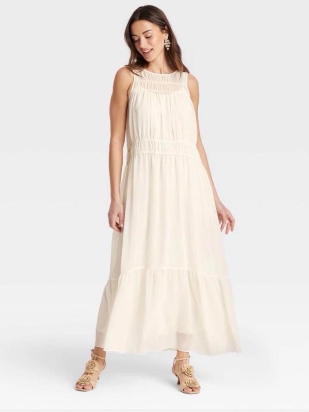 NWT Medium A New Day Cream Ruffle Tiered Boho Maxi Dress